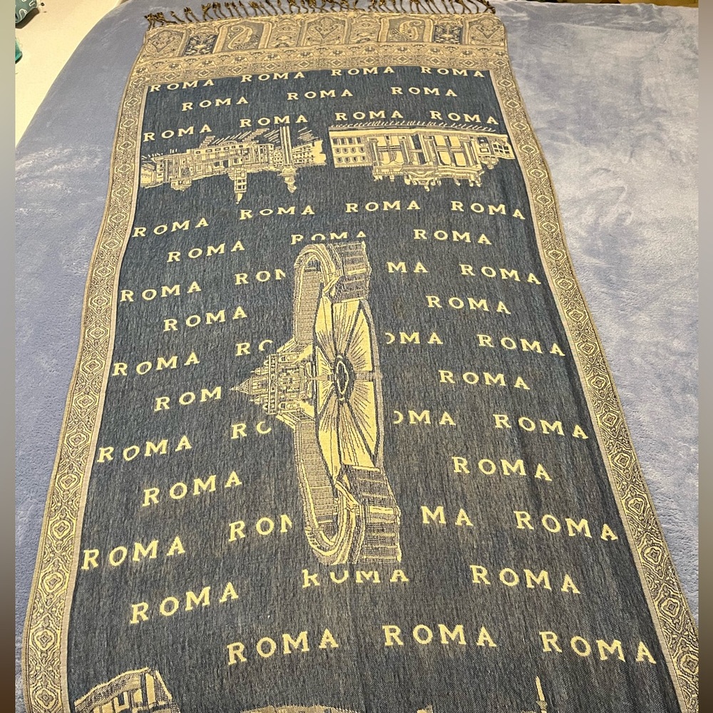 Beautiful Blue/ Tan Pashmina Wrap Purchased on a trip in Rome - Never used.